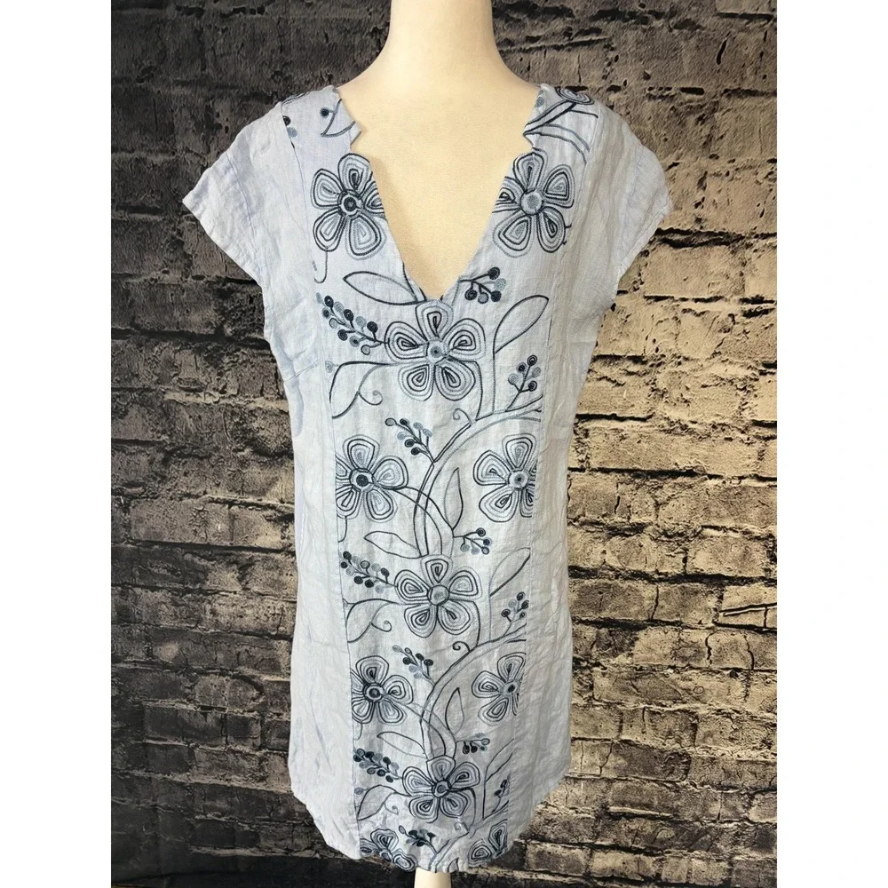 100% Lino Dress Womens Large Blue Embroidered Linen Boho Shift Pockets Italy - Picture 2 of 14